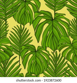 Pattern With Tropical Leaves. Vector Hand Drawn.