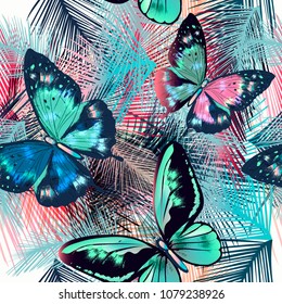 Pattern from tropical palm leafs and butterflies. Vector blue-pink fabric colorful wallpaper design