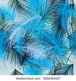 Pattern from tropical palm leafs. Vector blue fabric blue wallpaper design