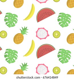 Pattern with tropical palm leaves and bananas. Vector illustration on a white background.