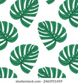 Pattern of tropical and palm leaves. Silhouettes green branches, leaves in minimalist flat style. Exotic summer background with leaves on white background. Print for gift wrapping, fabric, textile