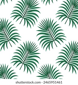 Pattern of tropical and palm leaves. Silhouettes green branches, leaves in minimalist flat style. Exotic summer background with leaves on white background. Print for gift wrapping, fabric, textile