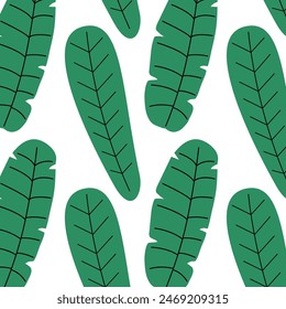 Pattern of tropical and palm leaves. Silhouettes green branches, leaves in minimalist flat style. Exotic summer background with leaves on white background. Print for gift wrapping, fabric, textile