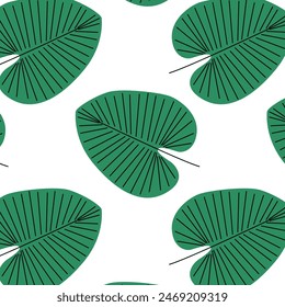 Pattern of tropical and palm leaves. Silhouettes green branches, leaves in minimalist flat style. Exotic summer background with leaves on white background. Print for gift wrapping, fabric, textile
