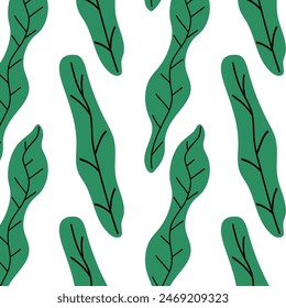 Pattern of tropical and palm leaves. Silhouettes green branches, leaves in minimalist flat style. Exotic summer background with leaves on white background. Print for gift wrapping, fabric, textile