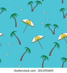 the pattern is a tropical palm tree and a beach umbrella on a stand against the blue sky.