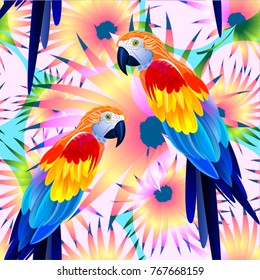 Pattern with tropical parrots against the background of an abstract pattern from the leaves of a palm tree. Vector design. 