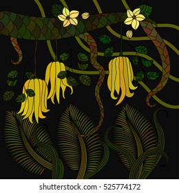 Pattern with tropical plants, flowers and citron Buddha s hand . Vector illustration.