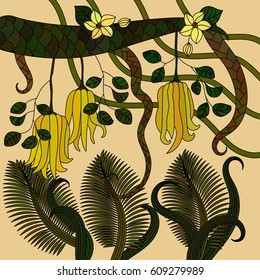Pattern with tropical plants, flowers and citron (Buddha's hand) . Vector illustration.