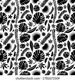 Patrón de plantas y hojas tropicales. Ilustración clara en blanco y negro