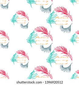 Pattern with tropical quote in palm leaf wreath, seamless background. Colorful jungle foliage, exotic botanical floral illustration. Hand drawn contour sketch on white background.