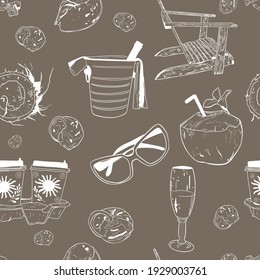 The pattern is tropical. Seamless illustration of coconuts, champagne, sunglasses, shells on a colored background. Printing on paper, textiles, print, composition