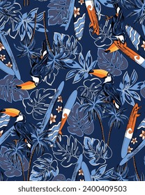 pattern tropical tucan birds leaves