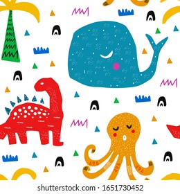 Pattern with tropical wild animals. Kid drawing.Abstract childish art. Baby pattern. For nursery fashion,wrapping or cover. Scandinavian style design.