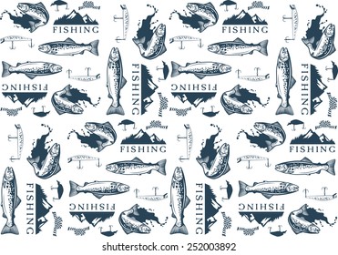 Pattern with trout fishing emblems, labels and design elements