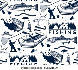 Pattern with trout fishing emblems, labels and design elements