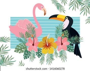 pattern of tucan and flemish with summer flowers