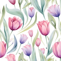 Pattern With Tulip Flowers Watercolor On White Background. Beautiful Floral Pattern With Watercolor Flowers. Watercolor Flowers. Seamless Pattern. Watercolor Tulips.