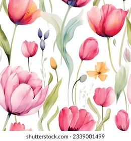 Pattern with tulip flowers watercolor on white background. beautiful floral pattern with watercolor flowers. watercolor flowers. seamless pattern. watercolor tulips. colorful flowers
