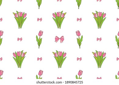Patrón con tulipanes, arco, hojas y flores. Perfecto para papel de pared, papel de regalo, fondo de página web, tarjetas de felicitación de primavera, ropa, carteles