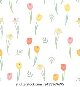 Patrón de tulipanes y narcisos. Imprimir. Linda ilustración. Es primavera. Envoltura. Papel pintado. Diseño floral. Fondo blanco. Textura vectorial. Elegante. Floreciendo.