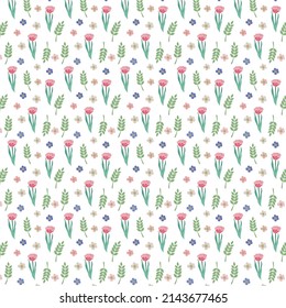 A pattern with tulips and leaves and flowers of an apple tree