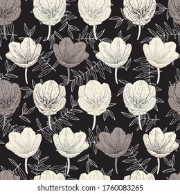 Pattern of tulips on the background of contour twigs. Individual plants in gray-brown colors. Seamless vector pattern.