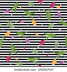 pattern of tulips on a black background with stripes, color vector illustration, print, textile