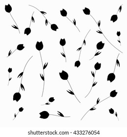 Pattern of tulips. Tulips scattered on web, black silhouettes
