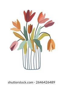 Padrão com tulipas em vaso, vaso com linhas e cores diferentes tulipas. Ilustração vetorial com flores e folhas.