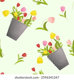 pattern with tulips and vintage bucket vase in pastel colors