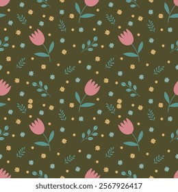 pattern with tulips, yellow daisies  and green twigs