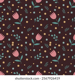 pattern with tulips, yellow daisies  and green twigs