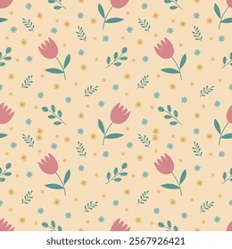 pattern with tulips, yellow daisies  and green twigs