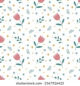 pattern with tulips, yellow daisies  and green twigs