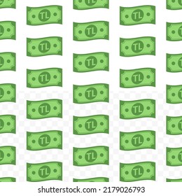 Pattern of Turkey Lira banknotes on transparent background with mini doodle (icon) and green color. Vector Illustration