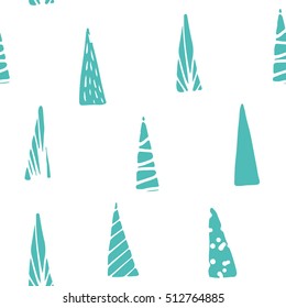 Pattern with turquoise abstract fir-trees on white background. Christmas seamless ornament for textile and wrapping. Vector