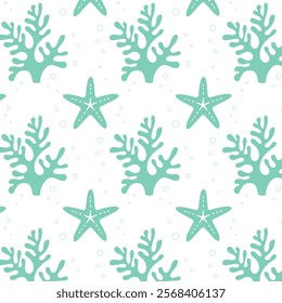 Pattern with turquoise azure corals and starfish, sea ocean bottom, marine fauna, World Ocean Day.