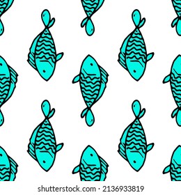 a pattern of turquoise fish.  seamless pattern cartoon blue fish, drawn in the style of doodles, bright blue with a black outline, with an undulating pattern of scales, side view vertical stripes 
