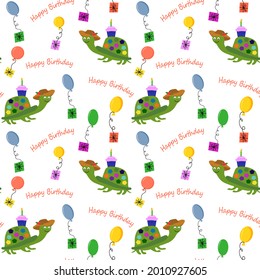 Pattern with a turtle and balloons. Happy birthday illustration. Vector drawing. For wrapping paper, fabric and covers, flyers and promotions, brochures, prints, stores.