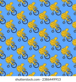 Pattern of a turtle riding a bicycle on a blue background.