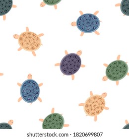 Pattern with a turtle. Seamless cartoon background of a turtle on a white. Vector illustration.