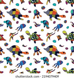 A pattern with turtles, jellyfish. Abstract elements in the style of Vasily Kandinsky. For fabric, textile, wallpaper.