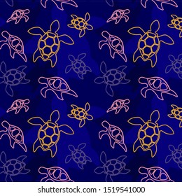 pattern with turtles, linear graphics. Animal world under water. Ocean. Vector illustration