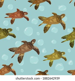 Pattern with turtles on a colored background.Swimming turtles on a colored background in a seamless pattern.