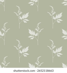 Padrão com galhos inflorescência Astilbe, planta de impressão de luz no fundo pastel verde.