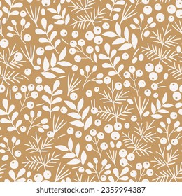 A pattern of twigs and berries. A template with images of berries, twigs and leaves in white on a light brown background.