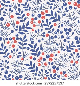Ein Muster aus Zwiebeln und Beeren. Eine Vorlage mit Bildern von roten und blauen Beeren, Zweigen und blauen Blättern auf weißem Hintergrund.