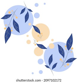 pattern of twigs with blue leaves on a thin stem on a background of circles