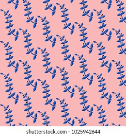 Pattern of twigs with leaves. Blue and pink colors.